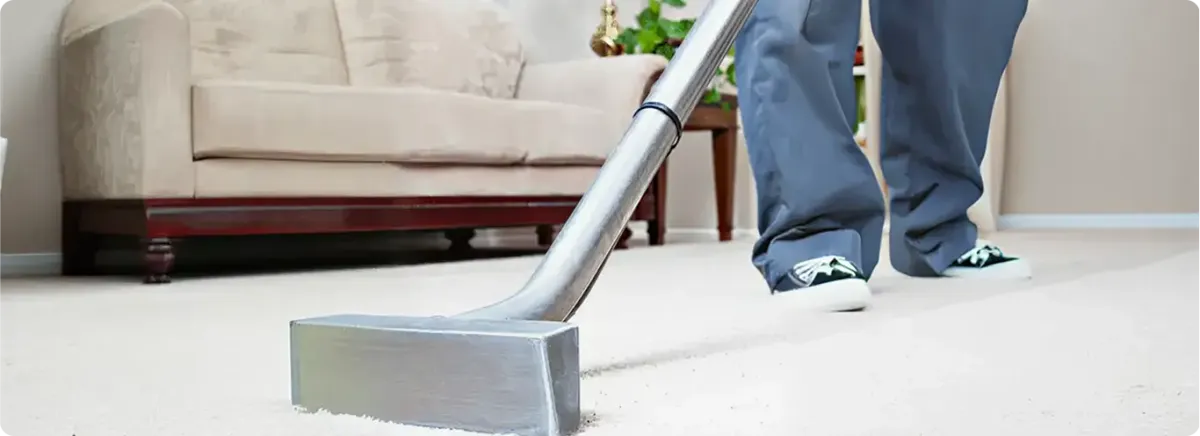 Carpet cleaning technician using a hot-water extraction wand on a light-colored carpet in a living room, Albuquerque, NM.
