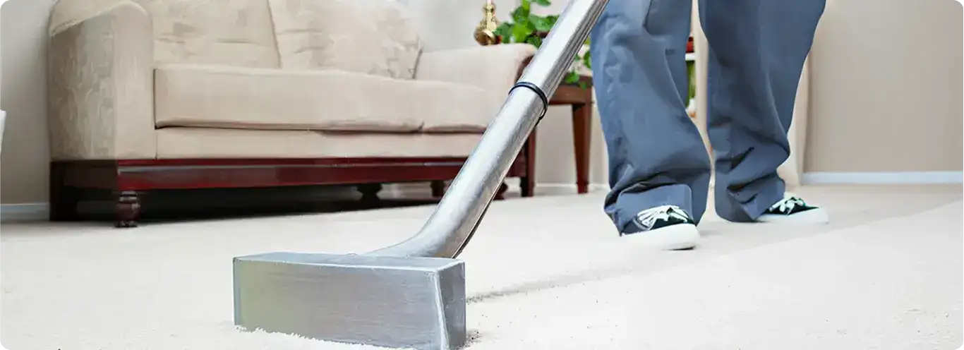 Carpet cleaning technician using a hot-water extraction wand on a light-colored carpet in a living room, Albuquerque, NM.